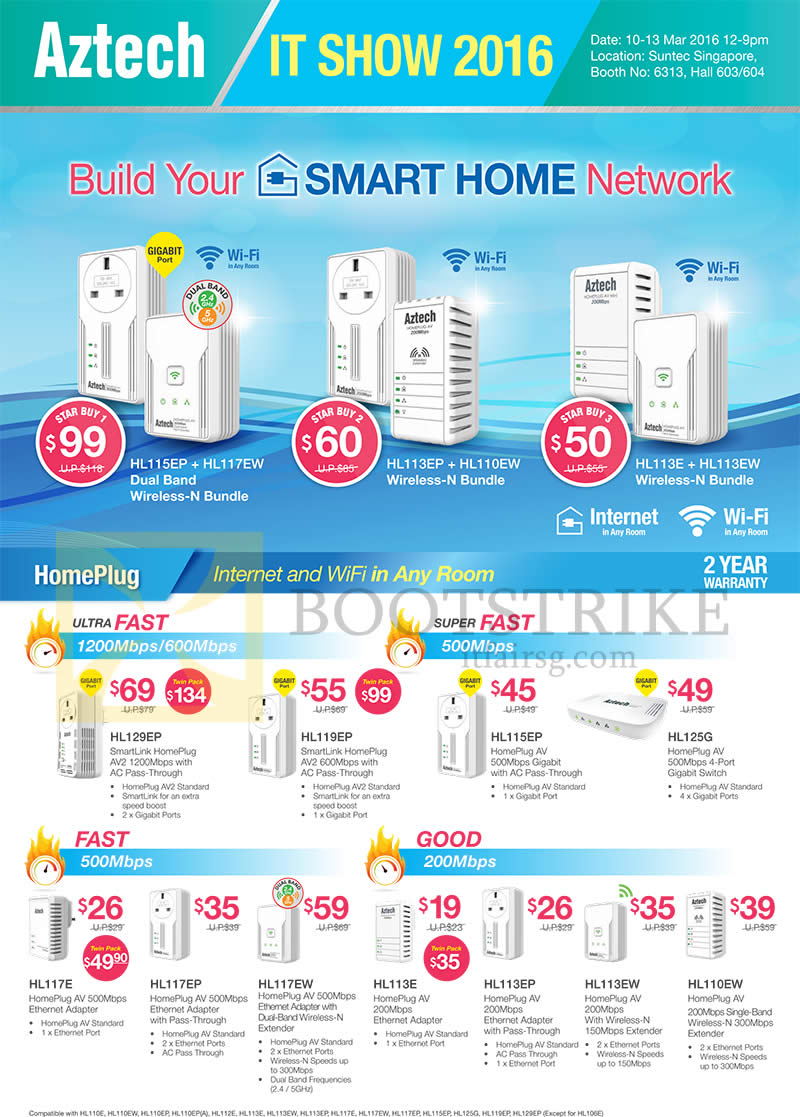 IT SHOW 2016 price list image brochure of Aztech Networking HomePlug Bundles HL115EP, 113EP, 113E, 129EP, 119EP, 115EP, 125G, 117E, 117EP, 117EW, 113E, 113EP, 113EW, 110EW