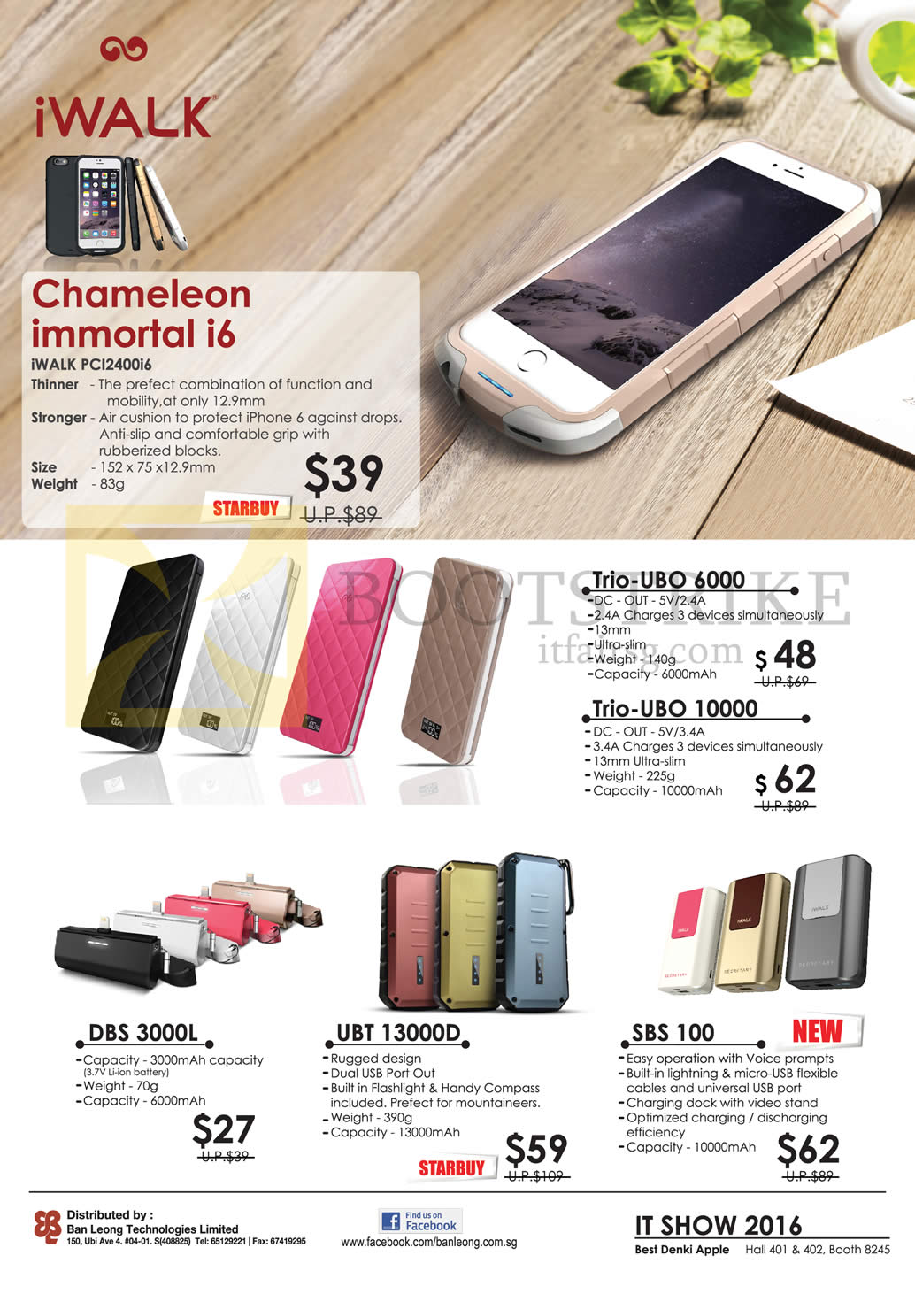 IT SHOW 2016 price list image brochure of Best Denki IWalk Accessories Powerbanks Chameleon Immortal I6, Trio-UBO 6000, UBO 10000, DBS 3000L, UBT 13000D, SBS 100