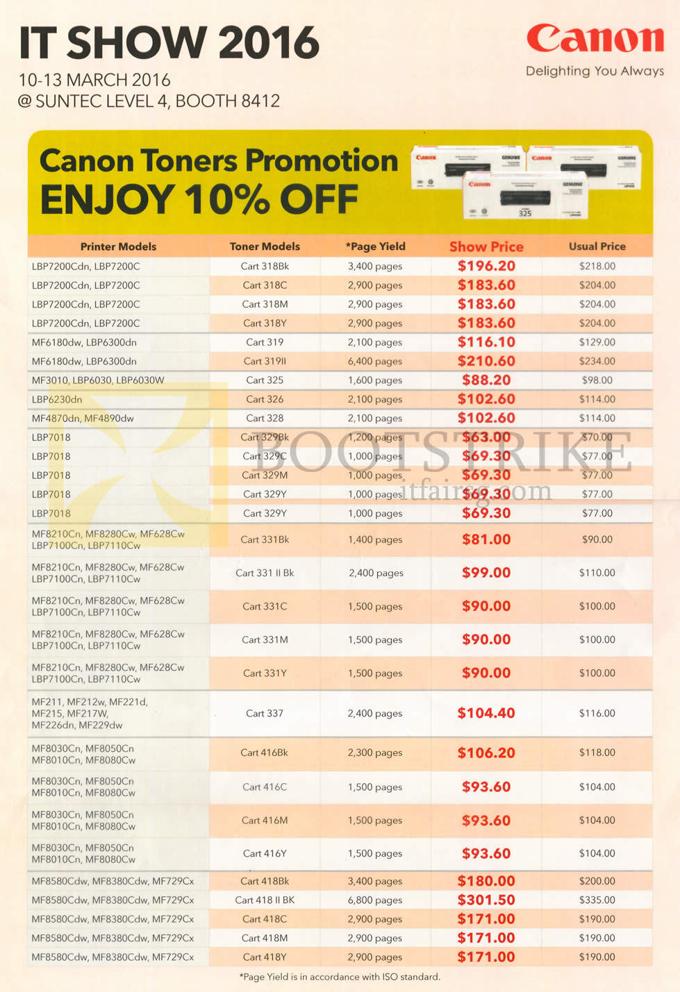 IT SHOW 2016 price list image brochure of Canon Toners 10 Percent Off, LBP, MF