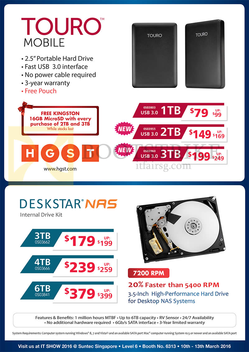 IT SHOW 2016 price list image brochure of Convergent HGST Touro Mobile, DeskStar NAS 1TB, 2TB, 3TB, 4TB, 6TB