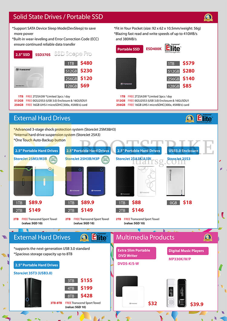 IT SHOW 2016 price list image brochure of Convergent Transcend SSDs, Portable SSDs, External Hard Drives, Multimedia Products, 128GB, 256GB, 512GB, 0TB, 1TB, 2TB, 3TB, 4TB, 8TB