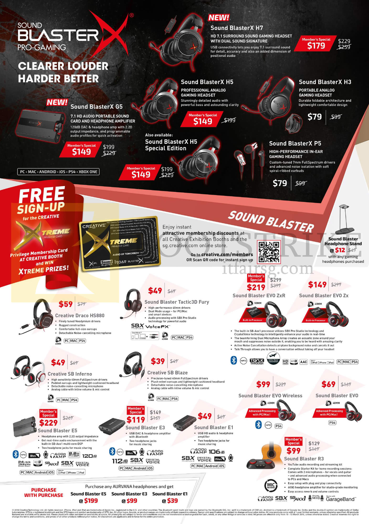 IT SHOW 2016 price list image brochure of Creative Headphones Sound Blaster X H7, G5, H5, H3, P5, H5 Special Edition, Draco HS880, Tactic3D Fury, EVO ZxR, Evo Zx, Wireless, E3, E5, SB Inferno, AB Blaze