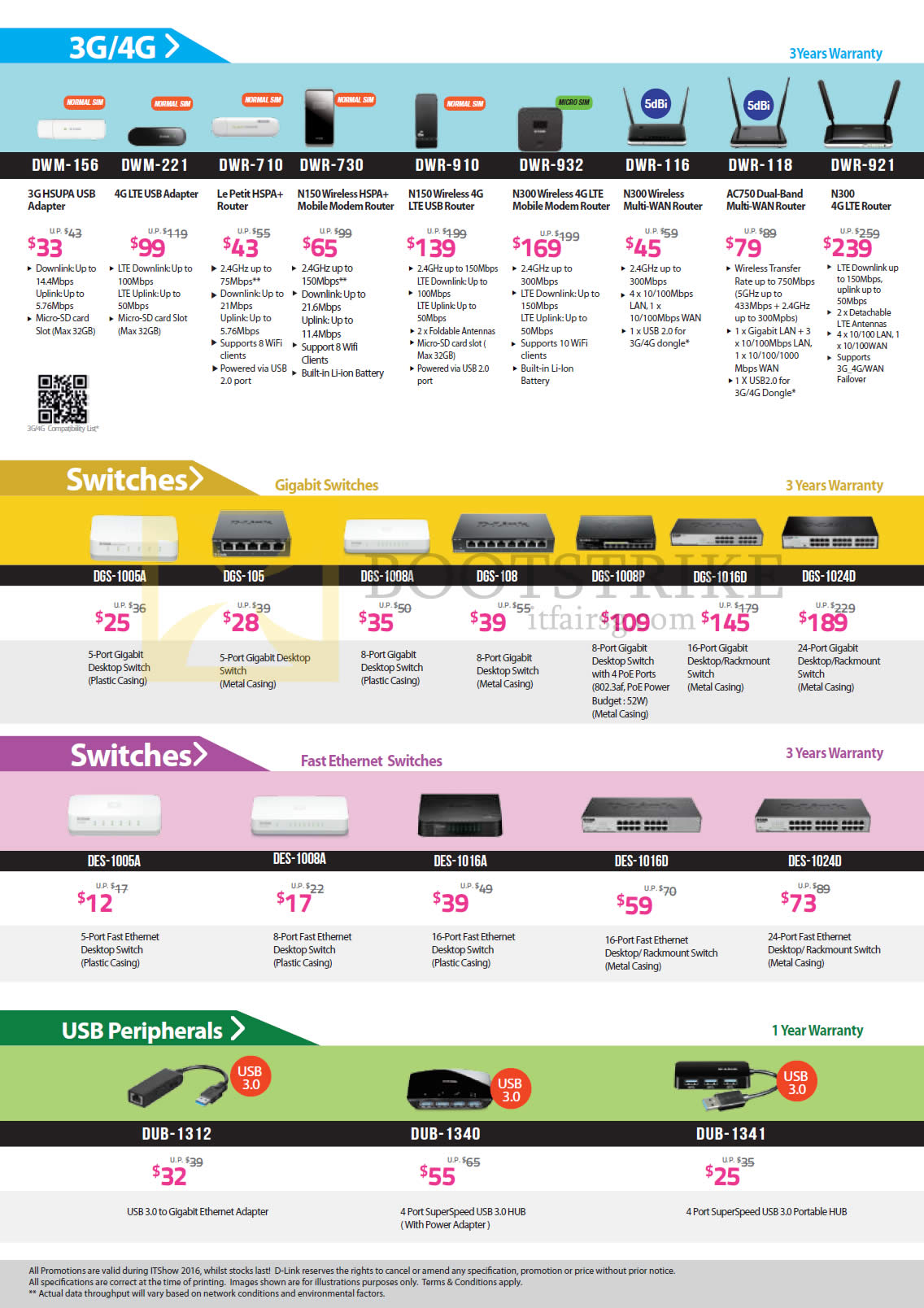 IT SHOW 2016 price list image brochure of D-Link Networking Adapters, Switches, USB, DWM-156, 221, DWR-710, 730, 910, 932, 116, 118, 921, DGS-1005A, 105, 1008A, 108, 1008P, 1016D, 1024D, DES-1005A