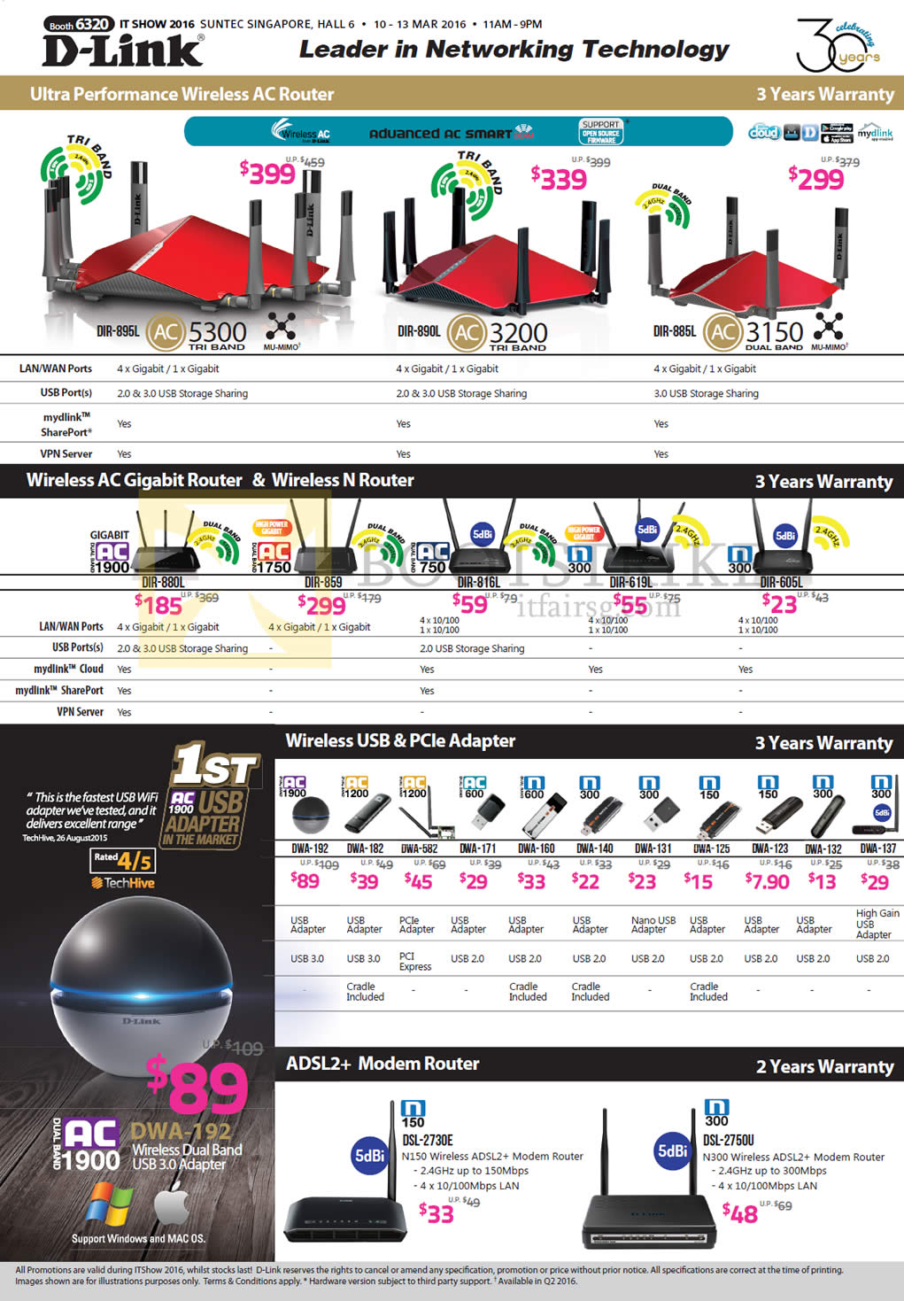 IT SHOW 2016 price list image brochure of D-Link Networking Wireless Routers, USB PCIe Adapters, DIR-895L, 890L, 885L, 880L, 859, 816L, 619L, 605L, DWA-192, 182, 582, 171, 160, 140, DSL-2730E