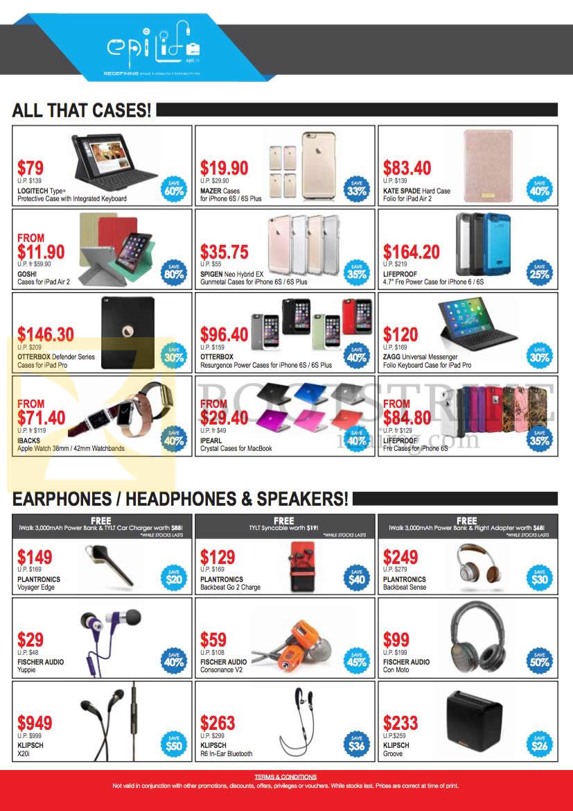 IT SHOW 2016 price list image brochure of Epicentre Epilife, Cases, Earphones, Headphones, Speakers, Logitech, Mazer, Kate Spade, Lifeproof, Spigen, Otterbox, Zagg, Ipearl, Plantronicks, Fischer Audio, Klipsch