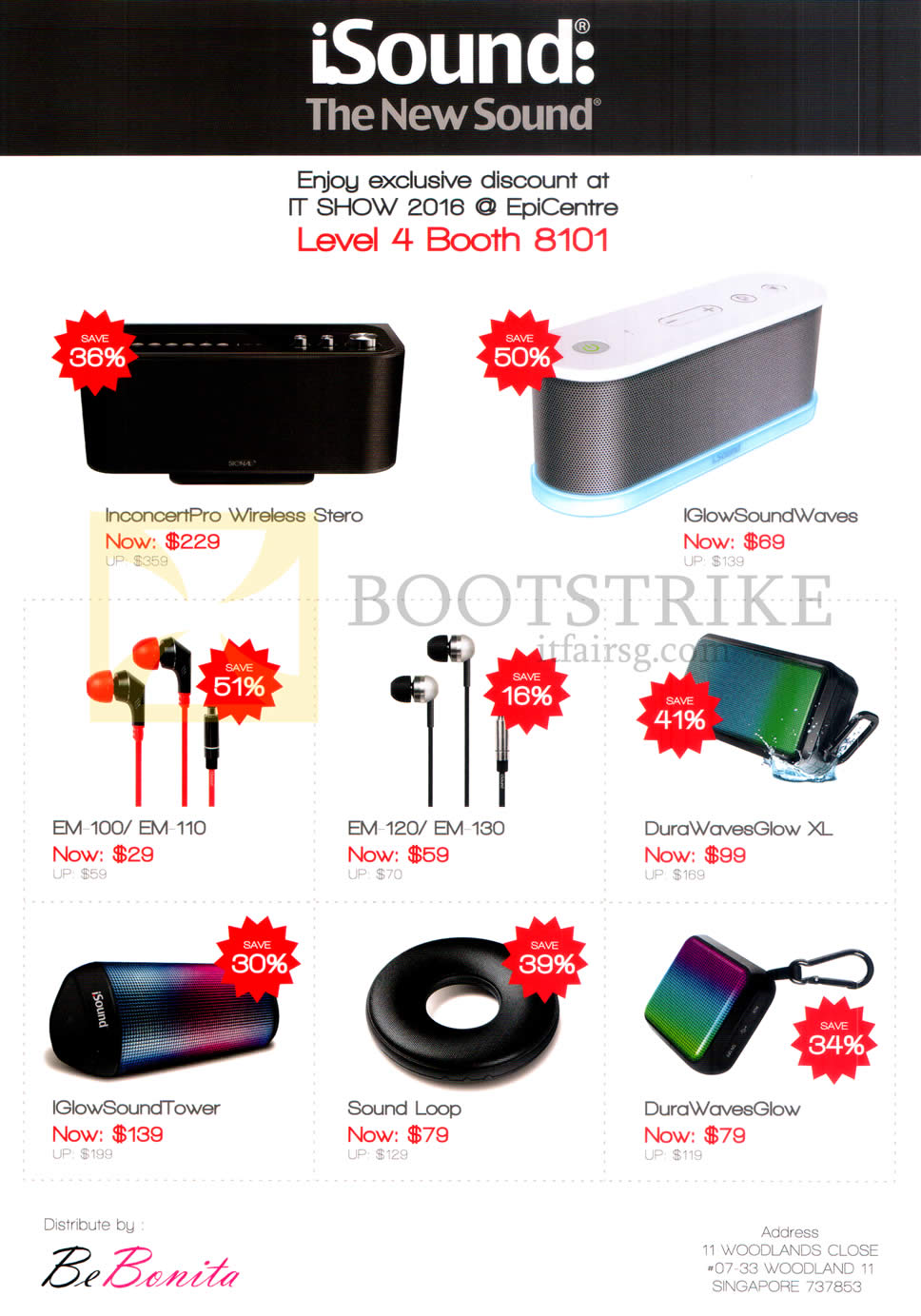 IT SHOW 2016 price list image brochure of Epicentre ISound Earphones, Speakers, InconcertPro, IGlow SoundWaves, EM-100, EM-110, EM-120, EM-130, DuraWaves Glow XL, IGlow SoundTower, Sound Loop