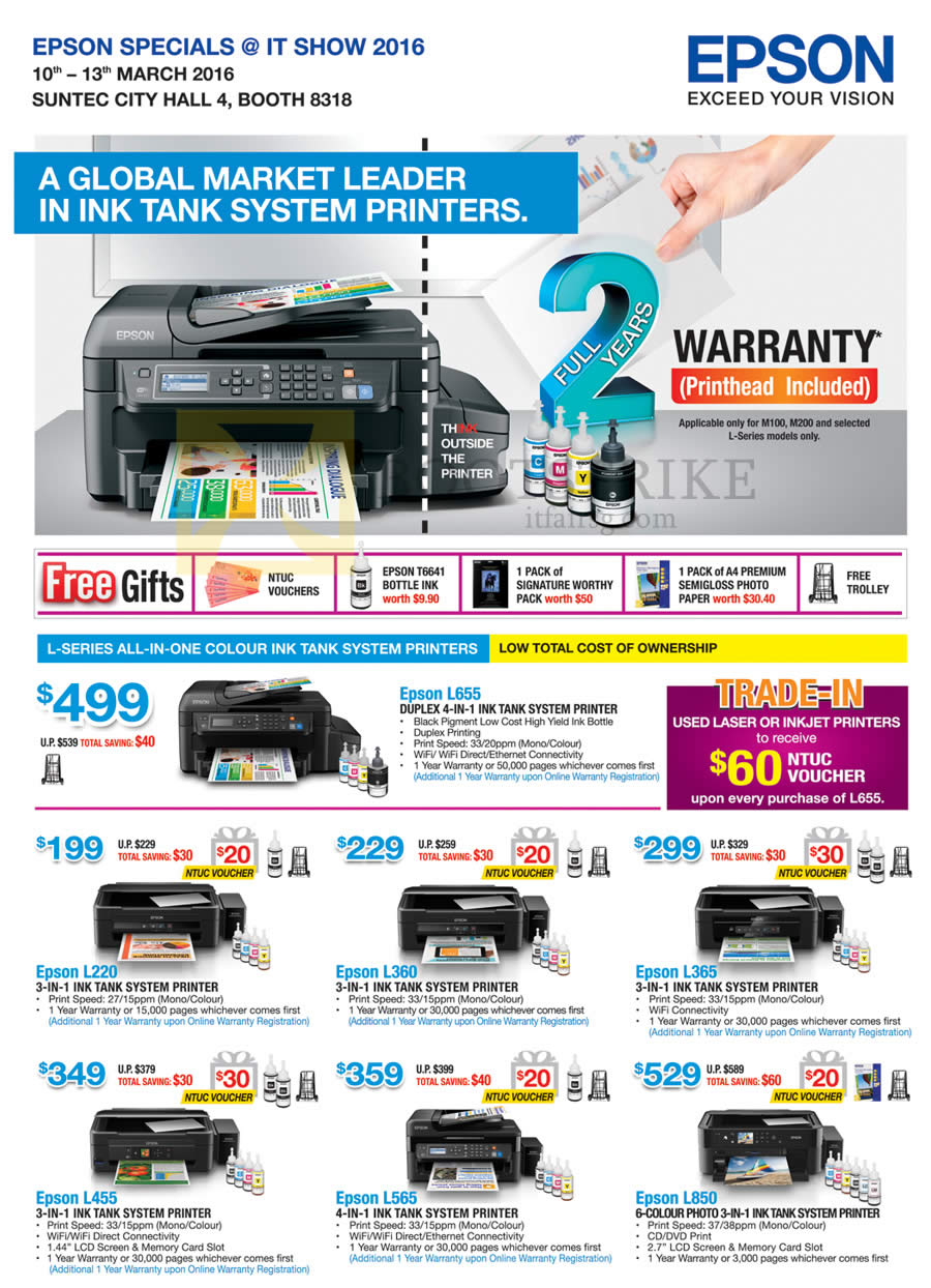 IT SHOW 2016 price list image brochure of Epson Printers L655, L220, L360, L365, L455, L565, L850