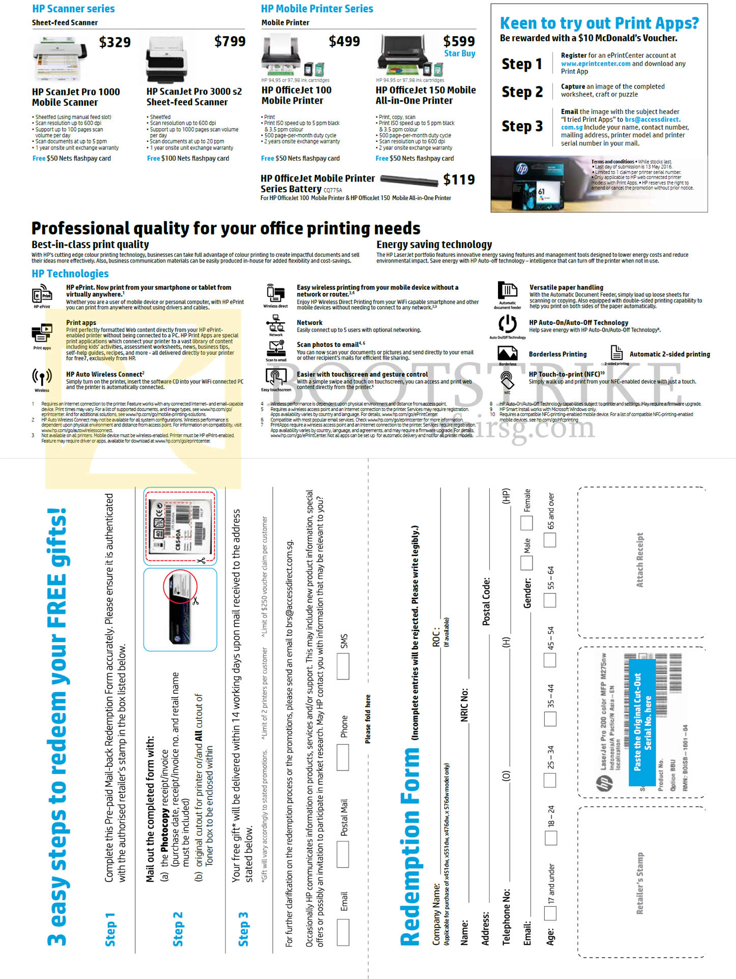 IT SHOW 2016 price list image brochure of HP Scanners ScanJet Pro 1000, 3000 X2, Mobile Printers OfficeJet 100, 150, How To Redeem Free Gifts