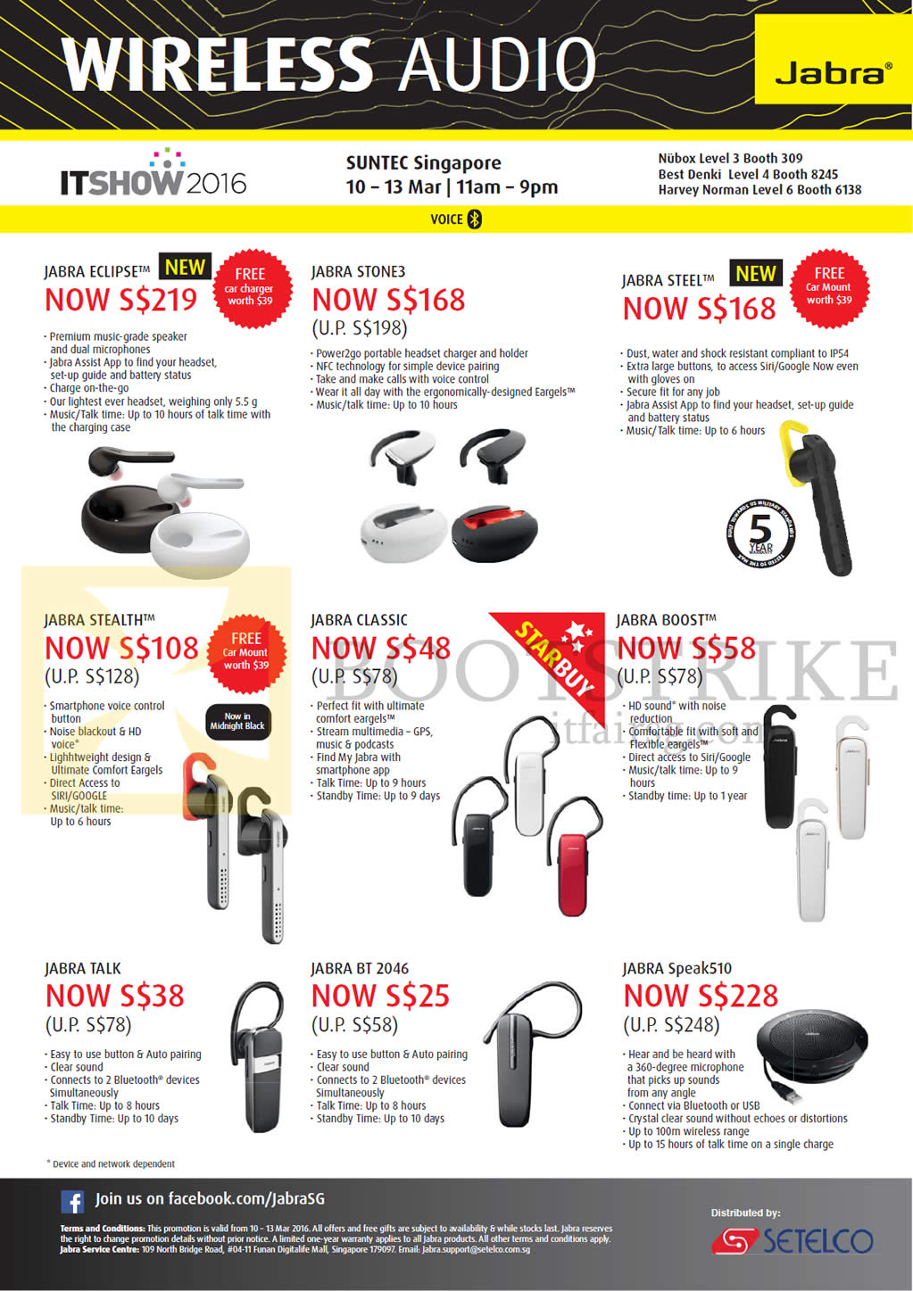 IT SHOW 2016 price list image brochure of Jabra Bluetooth Headsets Eclipse, Stone 3, Steel, Stealth, Classic, Boost, Talk, BT 2046, Speak510