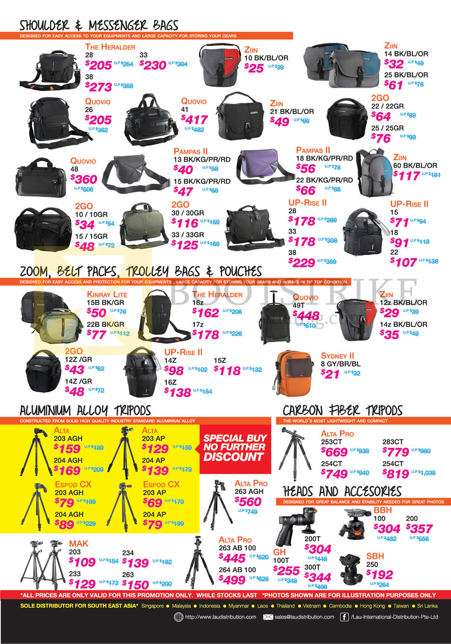 IT SHOW 2016 price list image brochure of Lau Intl Shoulder Messenger Bags, Zoom, Belt Packs, Trolley Bags, Pouches, Aluminimum Alloy Tripods, Carbon Tripods, Heads, Accessories