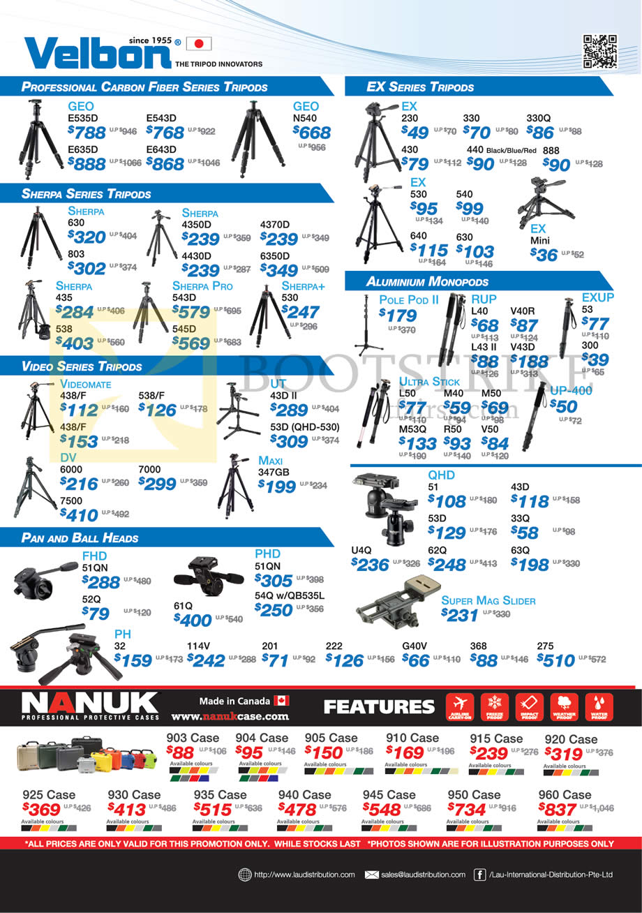 IT SHOW 2016 price list image brochure of Lau Intl Velbon Tripods, Nanuk, Professional Carbon Fiber Series, Ex, Sherpa, Video, Aluminimum Monopods, Pan N Ball Heads, Case