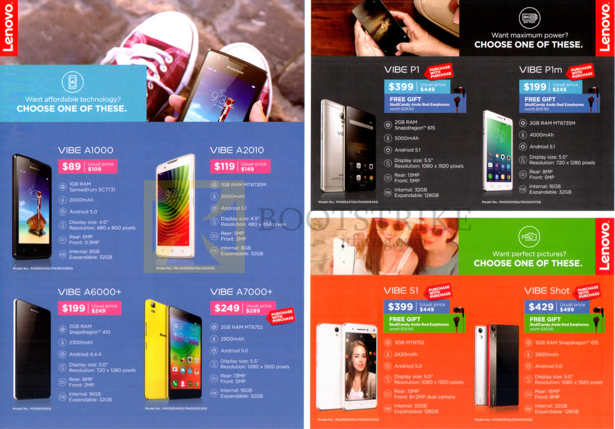 IT SHOW 2016 price list image brochure of Lenovo Mobile Phones Vibe A1000, A2010, A6000 Plus, A7000 Plus, P1, P1m, S1, Shot