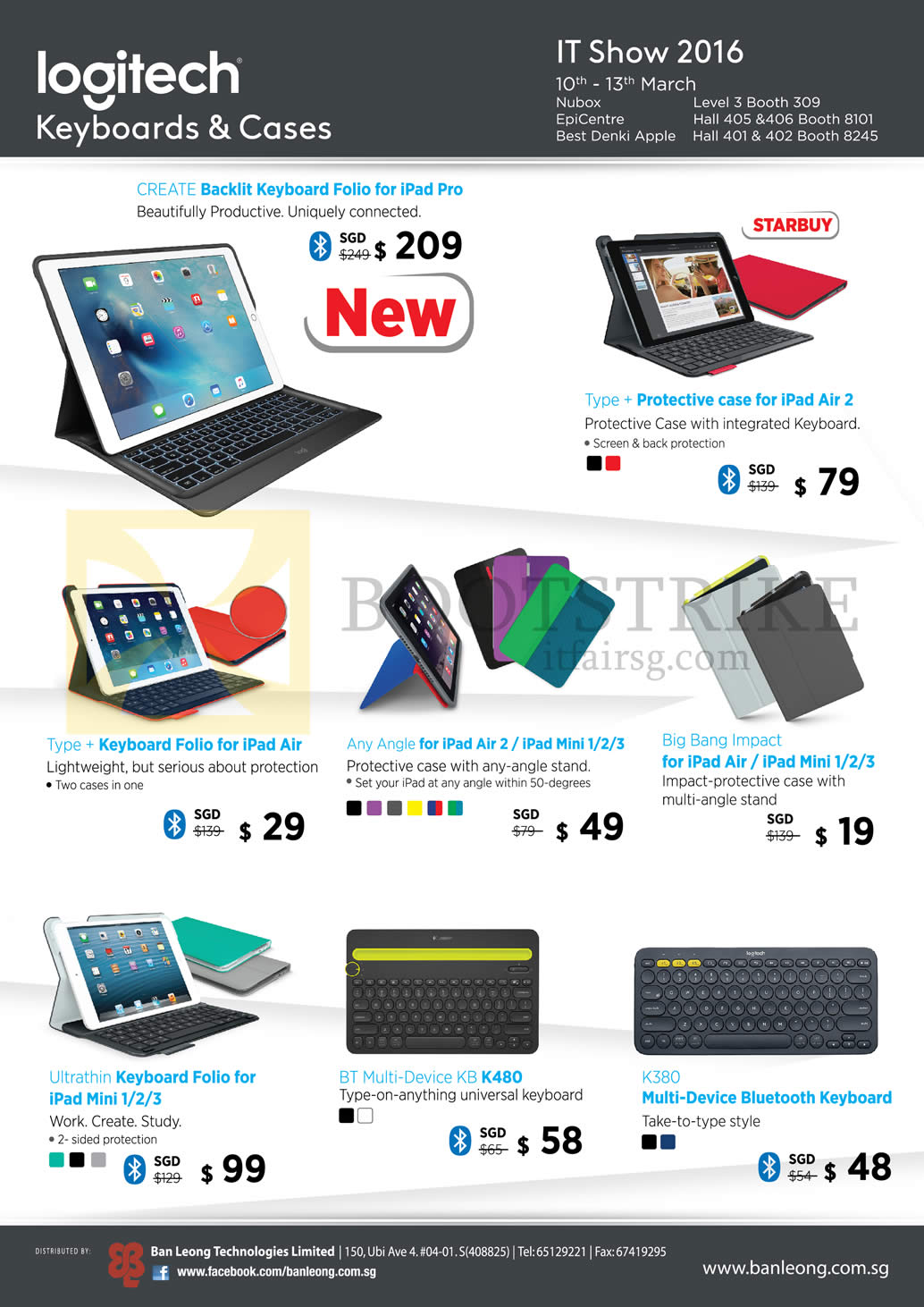 IT SHOW 2016 price list image brochure of Logitech Keyboards Cases, Accessories Backlit Keyboard Folio, Type Plus, Big Bang Impact, Ultrathin, BT Multi-Device KB480, K380