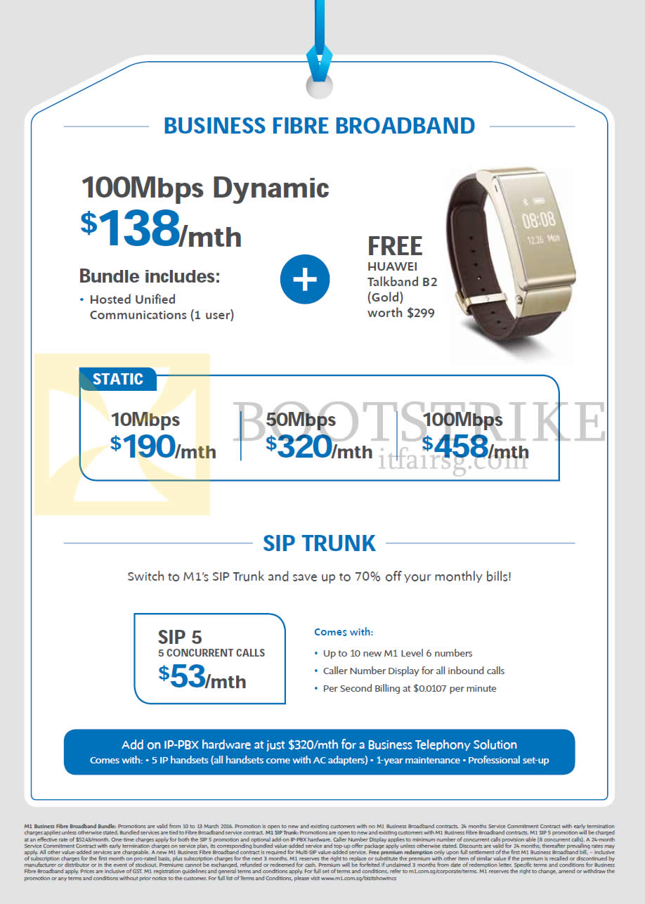 IT SHOW 2016 price list image brochure of M1 Business Fibre Broadband 138.00 100Mbps Dynamic, Static 190.00 10Mbps, 320.00 50Mbps, 458.00 100Mbps, 53.00 Sip 5 Trunk