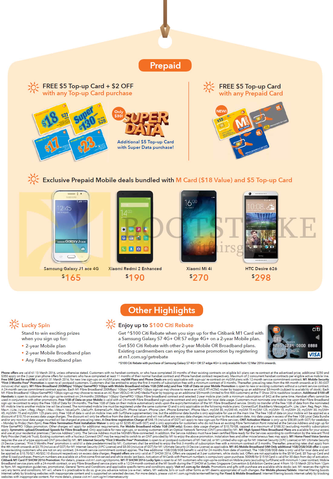 IT SHOW 2016 price list image brochure of M1 Prepaid Free Top Up Card, Mobile Deals, Samsung Galaxy J1 Ace, Xiaomi Redmi 2 Enhanced, Mi 4I, HTC Desire 626