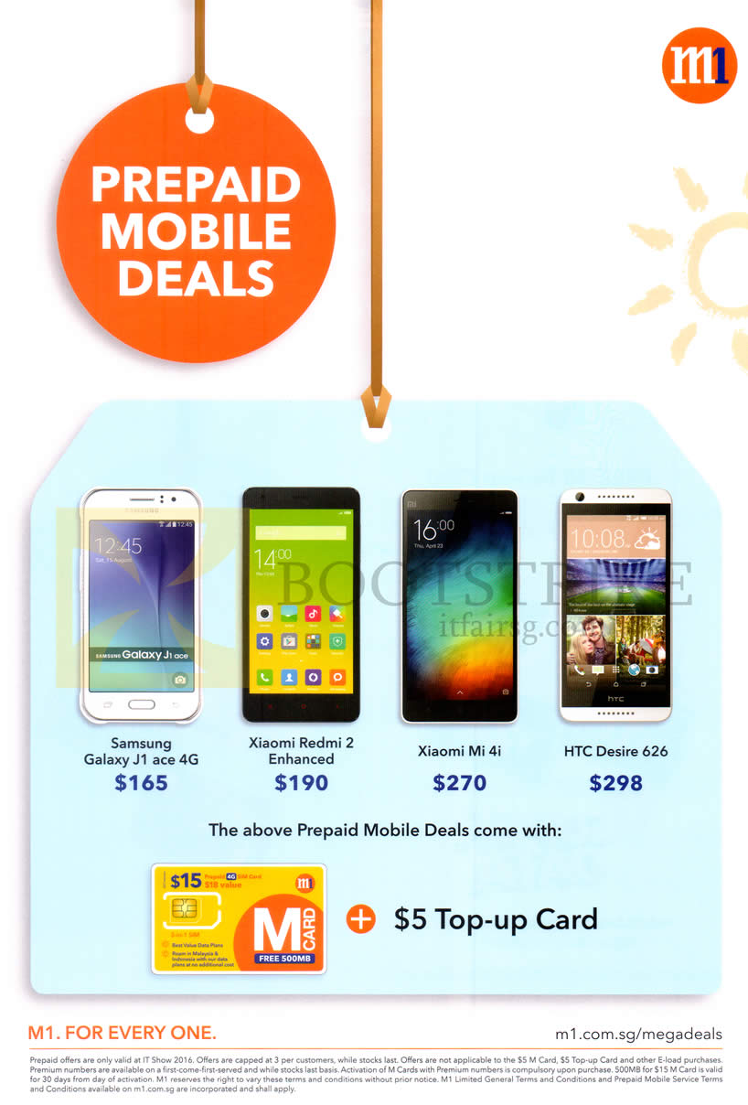 IT SHOW 2016 price list image brochure of M1 Prepaid Mobile Samsung Galaxy J1 Ace, Xiaomi Redmi Enhanced, Xiaomi Mi 4i, HTC Desire 626