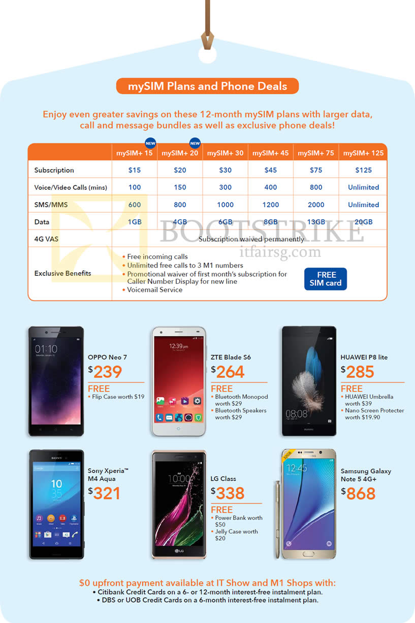 IT SHOW 2016 price list image brochure of M1 MySIM Plans, Phone Deals, My SIM Plus, Oppo Neo 7, ZTE Blade S6, Huawei P8 Lite, Sony Xperia M4 Aqua, LG Class, Samsung Galaxy A7