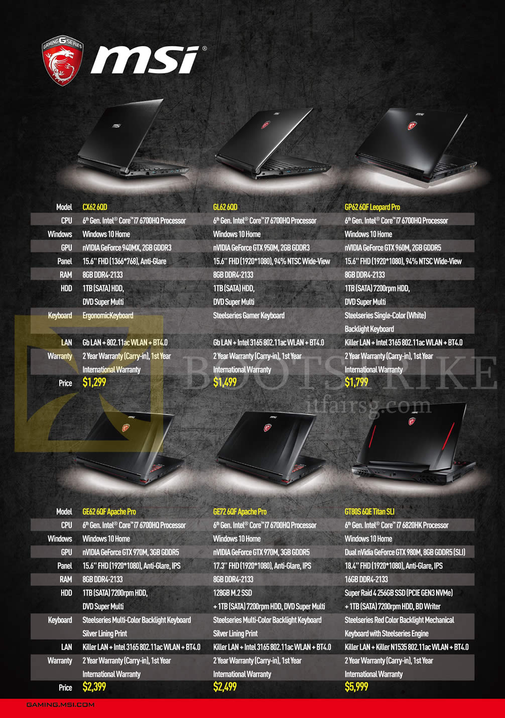 IT SHOW 2016 price list image brochure of MSI Notebooks CX62 6QD, GL62 6QD, GP62 6QF Leopard Pro, GE 62 6QF Apache Pro, GE72 6QF Apache Pro, GT80S 6QE Titan SLI