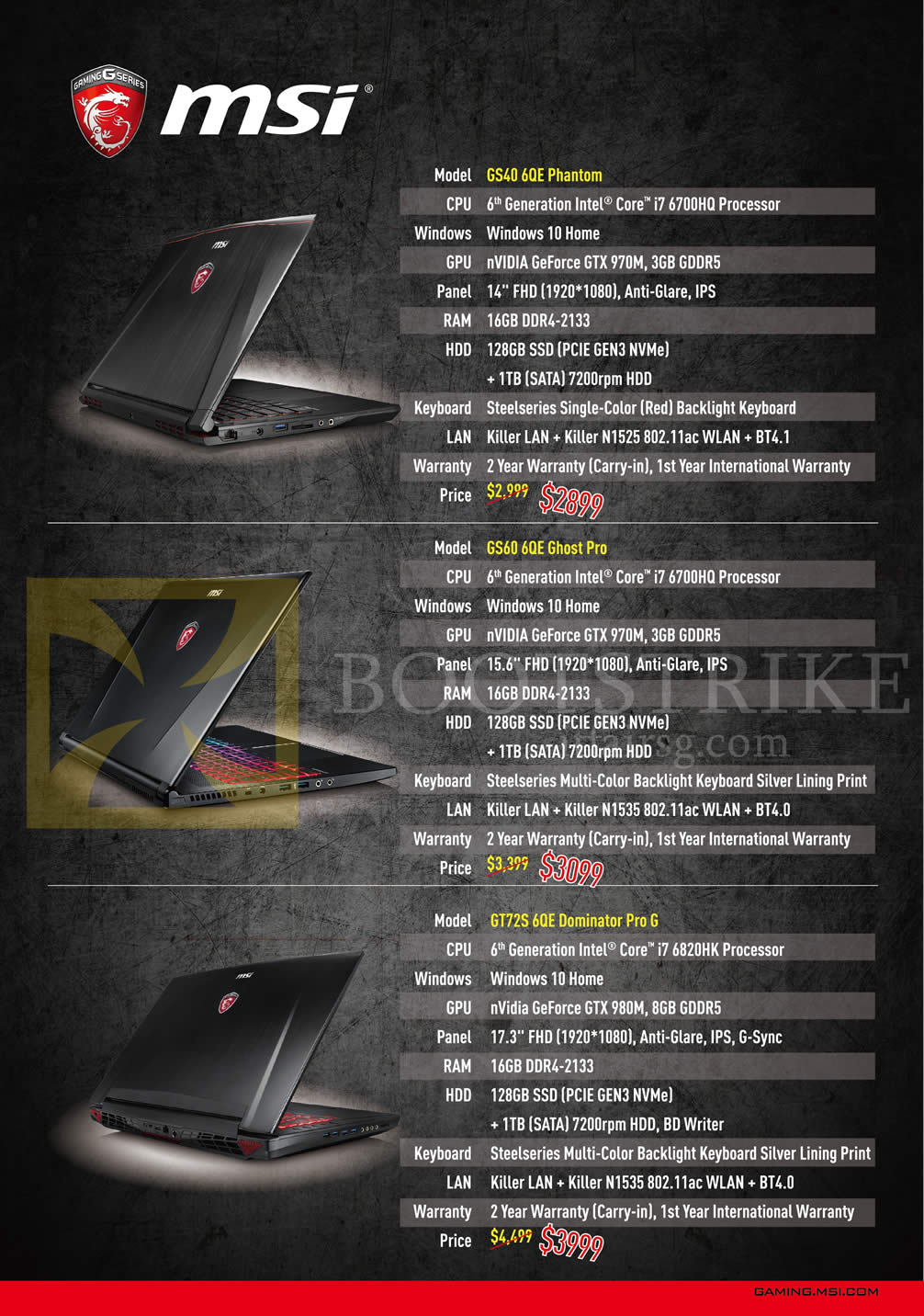 IT SHOW 2016 price list image brochure of MSI Notebooks, GS40 6QE Phanton, GS60 6QE Ghost Pro, GT72S 6QE Dominator Pro G