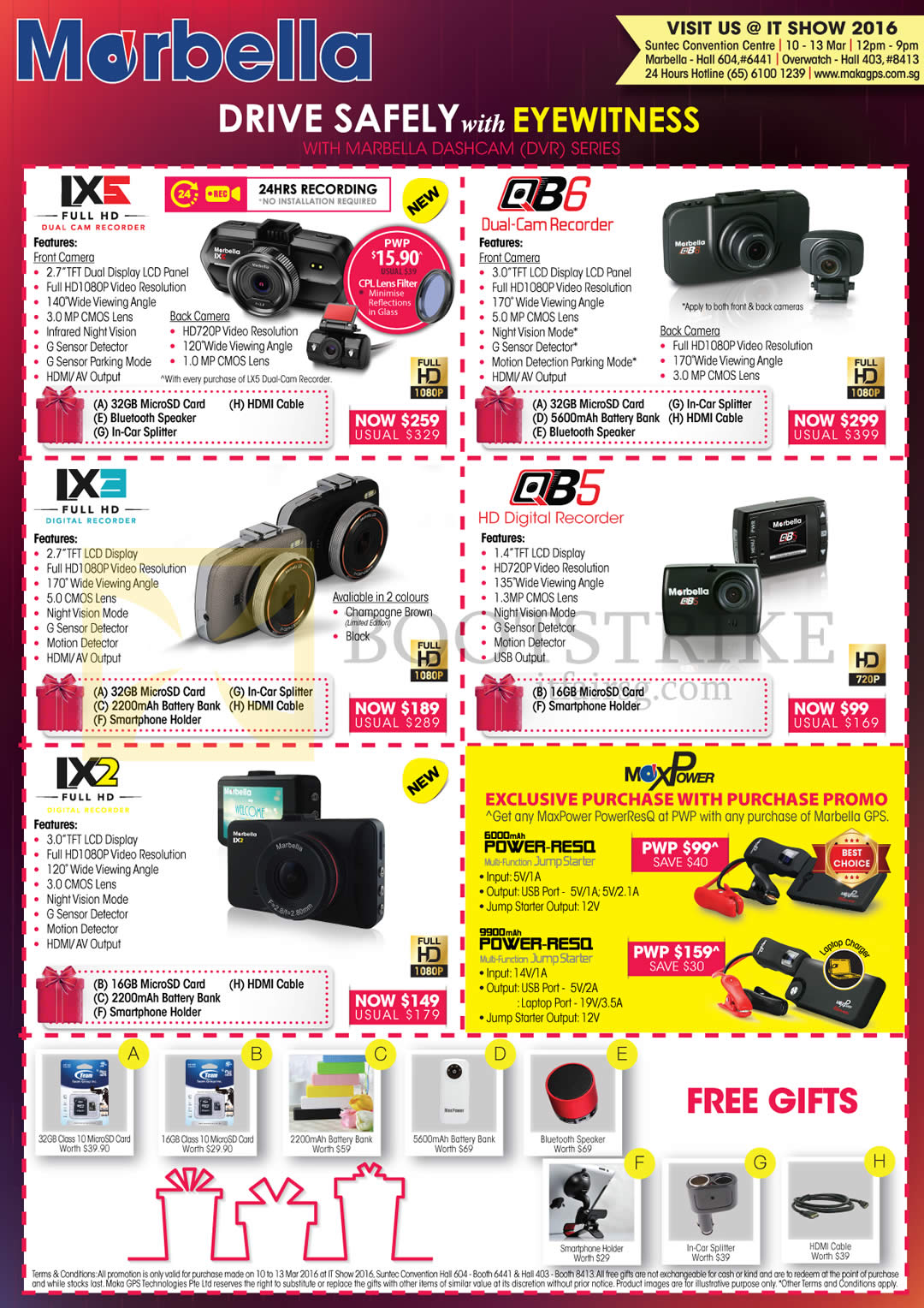 IT SHOW 2016 price list image brochure of Maka GPS Marbella Car Cameras LX5, QB6, LX3, QB5, LX2, MaxPower Power RE50 6000mah, 9900mah