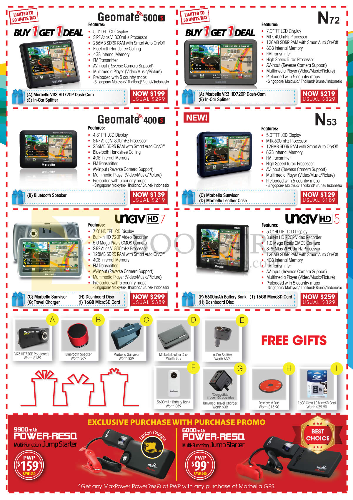 IT SHOW 2016 price list image brochure of Maka GPS Marbella Navigators Geomate 500s, 400s, N72, 53, Unav HD7, HD5, Jump Starter Power RE50 9900mah, 6000mah