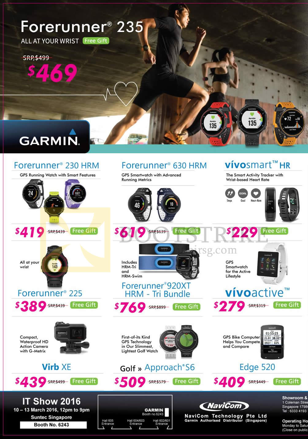 IT SHOW 2016 price list image brochure of Navicom Garmin GPS Forerunner 230 HRM, 630, Vivosmart HR, 225, 920XT, Vivoactive, Virb XE, Approach S6, Edge 520