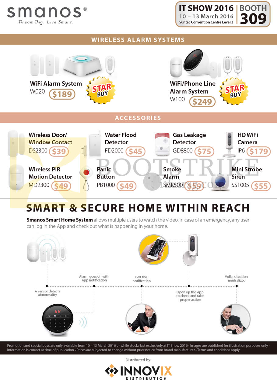 IT SHOW 2016 price list image brochure of Newstead Innovix Smanos Wireless Alarm Systems,Water Flood Detector, GD8800 Gas Leak Detector, Camera, Siren, Panic Button