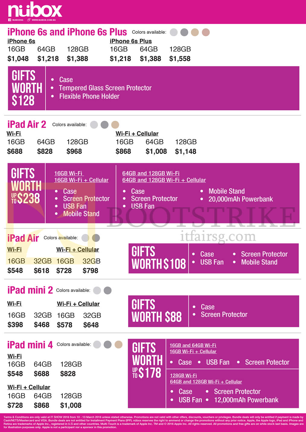 IT SHOW 2016 price list image brochure of Nubox Apple Smartphones, Tablets, IPhone 6S, 6S Plus, IPad Air 2, IPad Air, IPad Mini 2, Mini 4