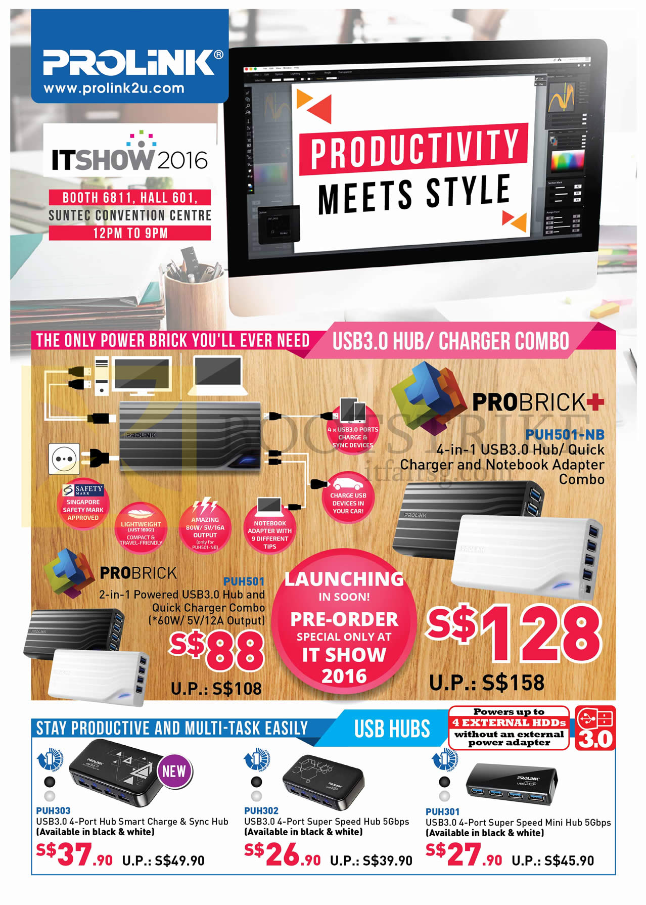 IT SHOW 2016 price list image brochure of Prolink USB 3.0 Hub, Charger Combo, USB Hubs, ProBrick, ProBrick Plus, PUH501, PUH501-NB, PUH303, 302, 301