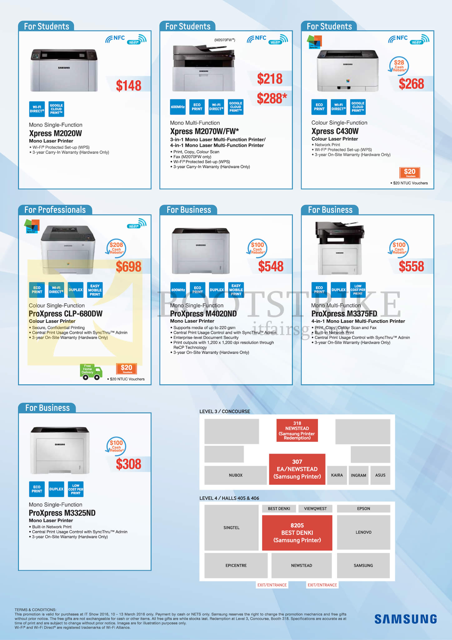 IT SHOW 2016 price list image brochure of Samsung Printers Laser Xpress M2020W, M2070W, FW, C430W, CLP-ProXpress 680DW, M4020ND, M3375FD, M3325ND