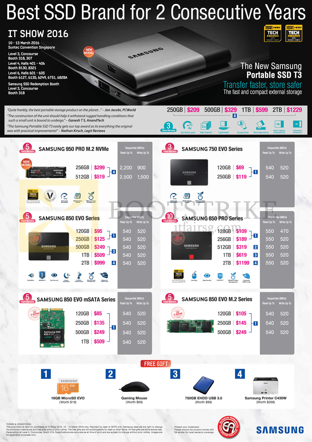 IT SHOW 2016 price list image brochure of Samsung SSDs 950 Pro M.2 NVMe, 850 EVO, MSATA, 750 Evo, 850 Pro, Evo M.2 Series, 120GB 250GB 500GB 1TB 2TB