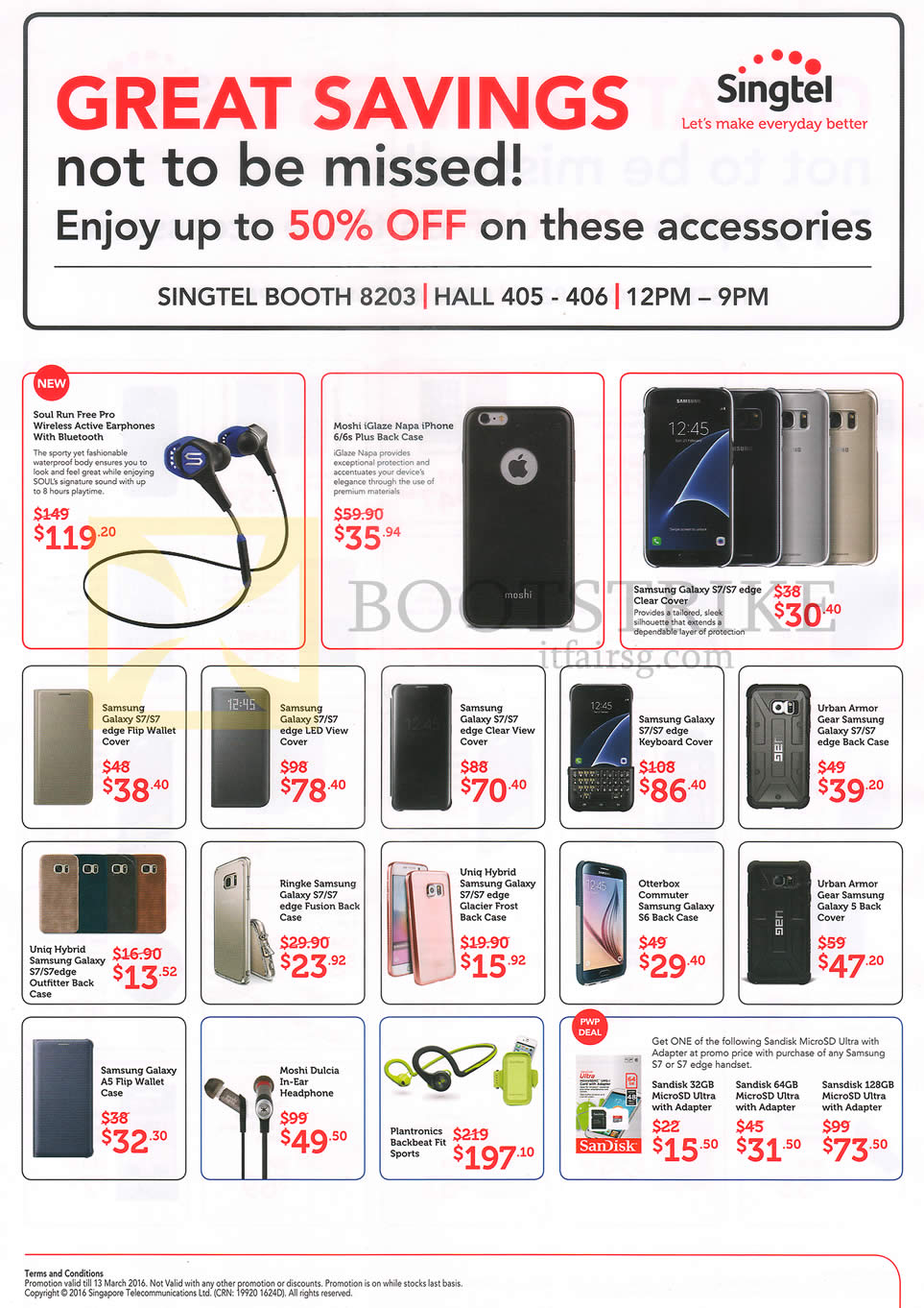 IT SHOW 2016 price list image brochure of Singtel Accessories Cases, Headphones, Bluetooth Earphones, Soul Run Free Pro, Moshi IGlaze Napa, Flip Wallet, Keyboard Cover, Uniq Hybrid, Ringke, Otterbox Commuter