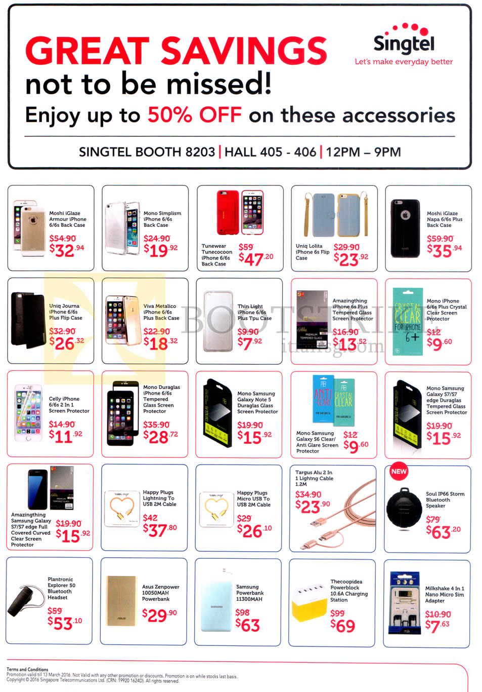 IT SHOW 2016 price list image brochure of Singtel Accessories Moshi IGlaze, Mono Simplism, Tunewear, Uniq Lolita, Viva Metalico, Mono IPhone, Celly, Happy Plugs, Lightning Cable