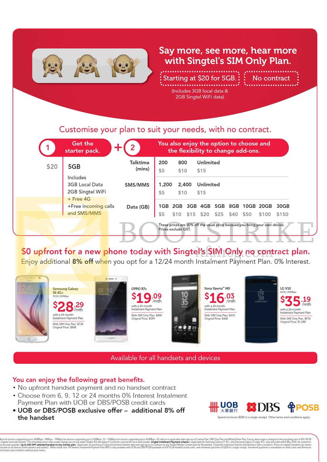 IT SHOW 2016 price list image brochure of Singtel Sim Only Plan, Mobile Phones, Starter Pack, Samsung Galaxy S6, Oppo R7s, Sony Xperia M5, LG V10