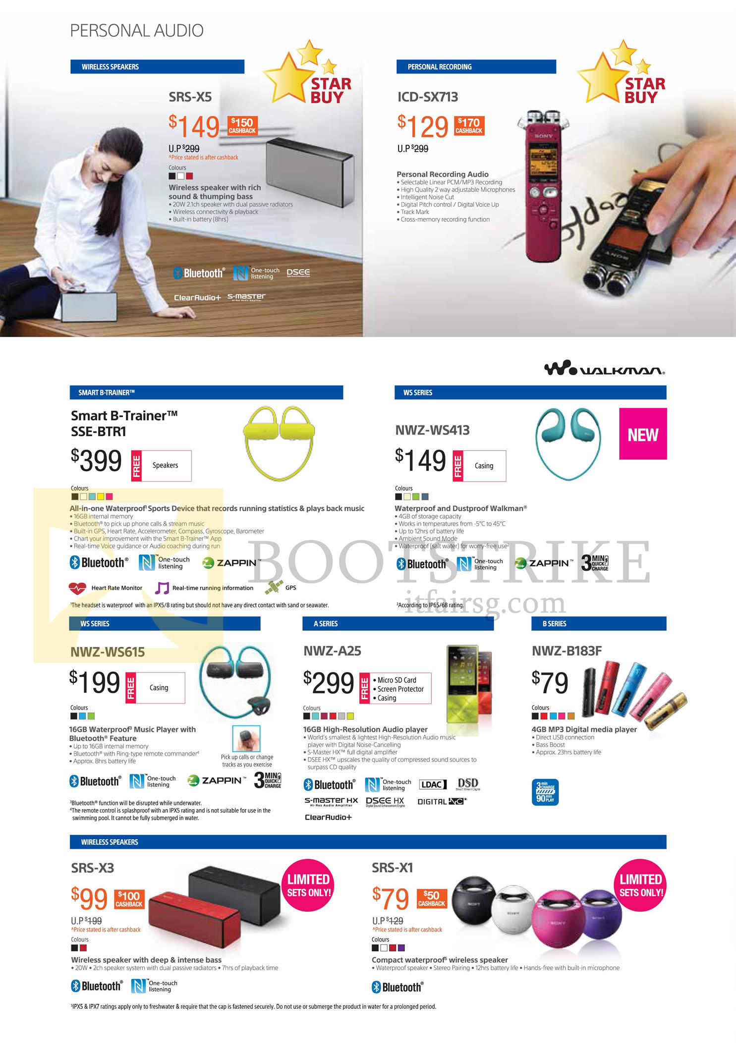 IT SHOW 2016 price list image brochure of Sony Speakers, Headphones, Media Player, SRS-X5, ICD-SX713, SSE-BTR1, NWZ-WS413, WS615, A25, B183F, SRS-X3, X1