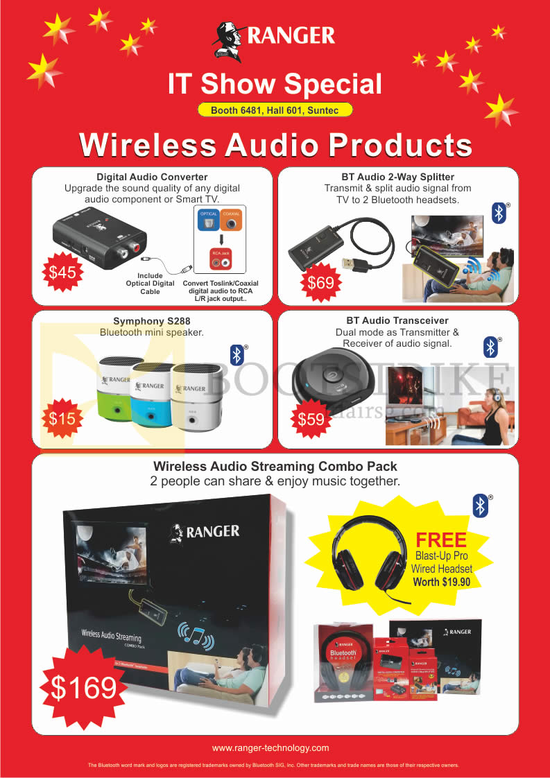 IT SHOW 2016 price list image brochure of System Tech Ranger Wireless Audio Products, Digital Audio Converter, BT Audio 2 Way Splitter, Symphony S288 Speaker, BT Audio Transceiver