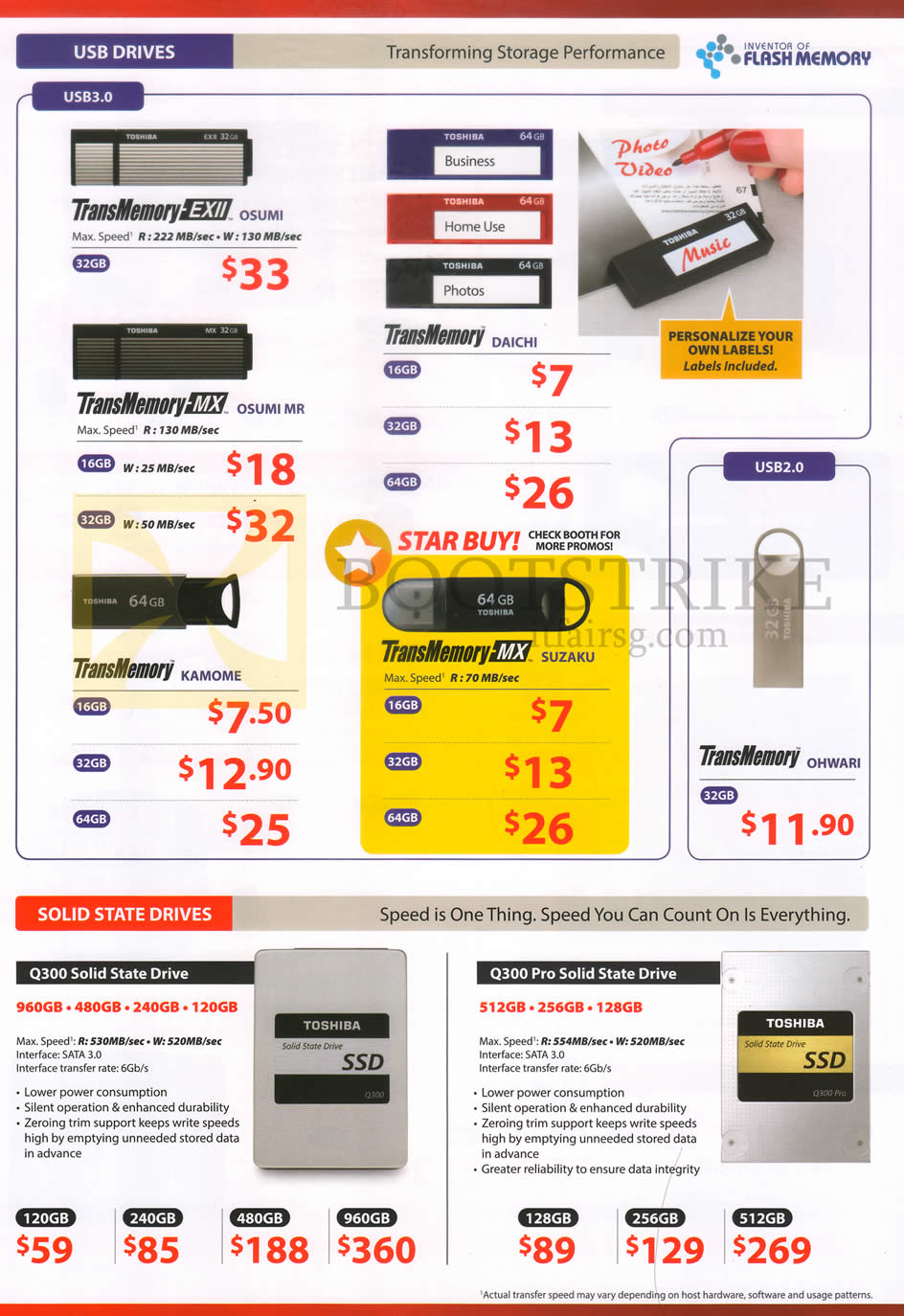 IT SHOW 2016 price list image brochure of Toshiba Flash USB Drives, SSDs, TransMemory EXII Osumi, MX Osumi MR, Kamome, Daichi, Suzaku, Ohwari, Q300, Q300 Pro