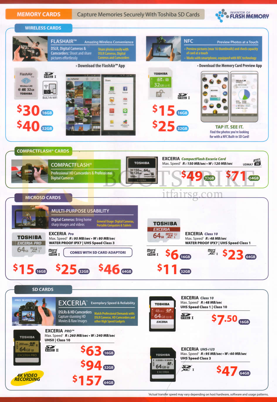 IT SHOW 2016 price list image brochure of Toshiba Memory Cards, Wireless, CompactFlash, MicroSD, SD Cards, Flashair, NFC, Compactflash, Exceria, Pro, Class 10, UHS-1 U3