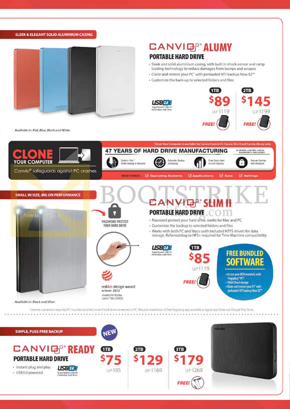 IT SHOW 2016 price list image brochure of Toshiba Portable Hard Drives External Storage Canvio Alumy, Slim II, Ready, 1TB, 2TB, 3TB