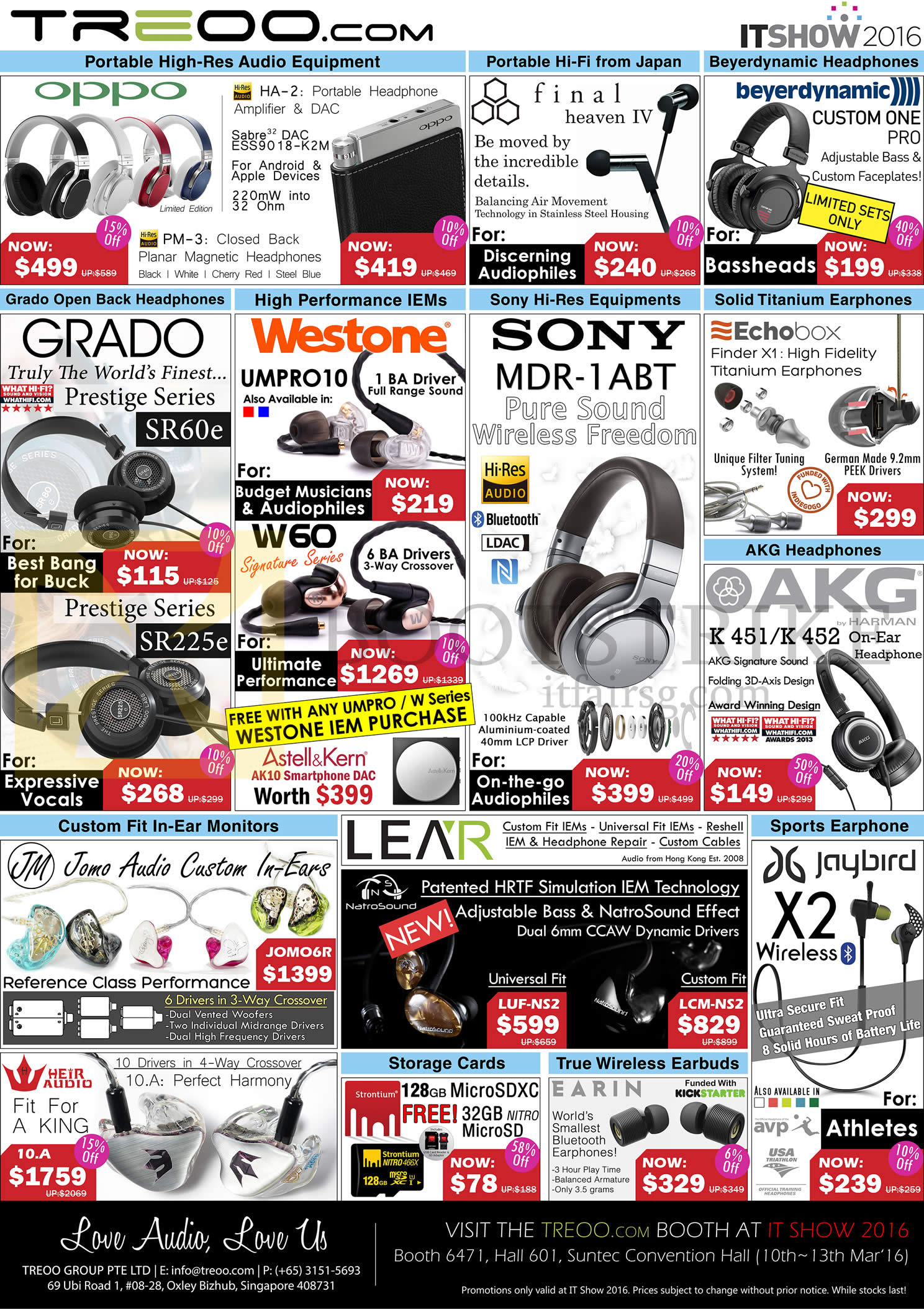 IT SHOW 2016 price list image brochure of Treoo Headphones, Earphones, Oppo, HA-2, Final Heaven IV, Grado, Westone, Sony MDR-1ABT, Echobox, Prestige SR225e, W60, K451, K452, Jaybird X2