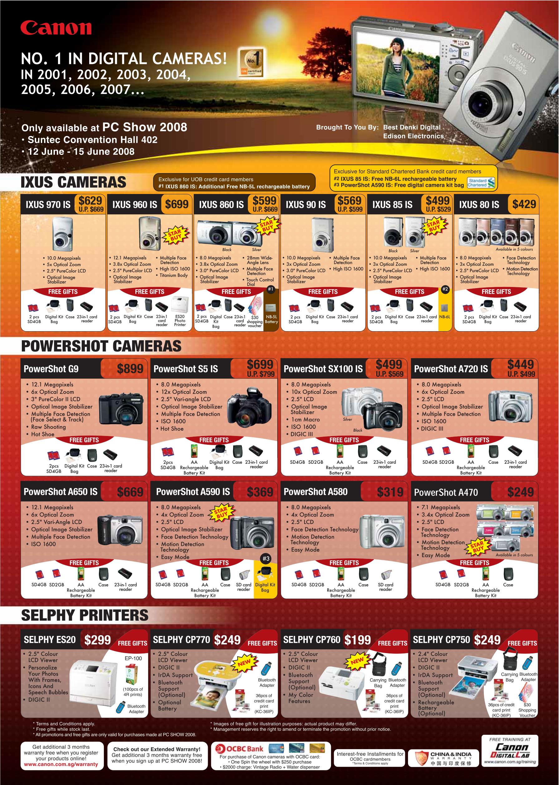 PC Show 2008 price list image brochure of Canon Digital Cameras Ixus Powershot Selphy Printers