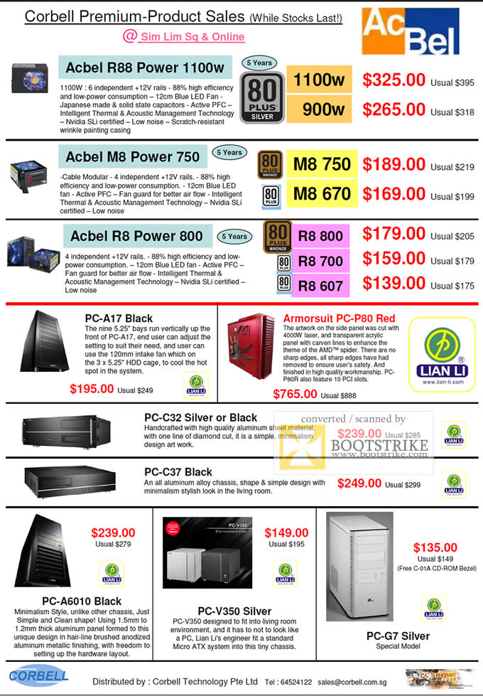 PC Show 2009 price list image brochure of Acbel Corbell R88 M8 Power Lian Li Armorsuit PC