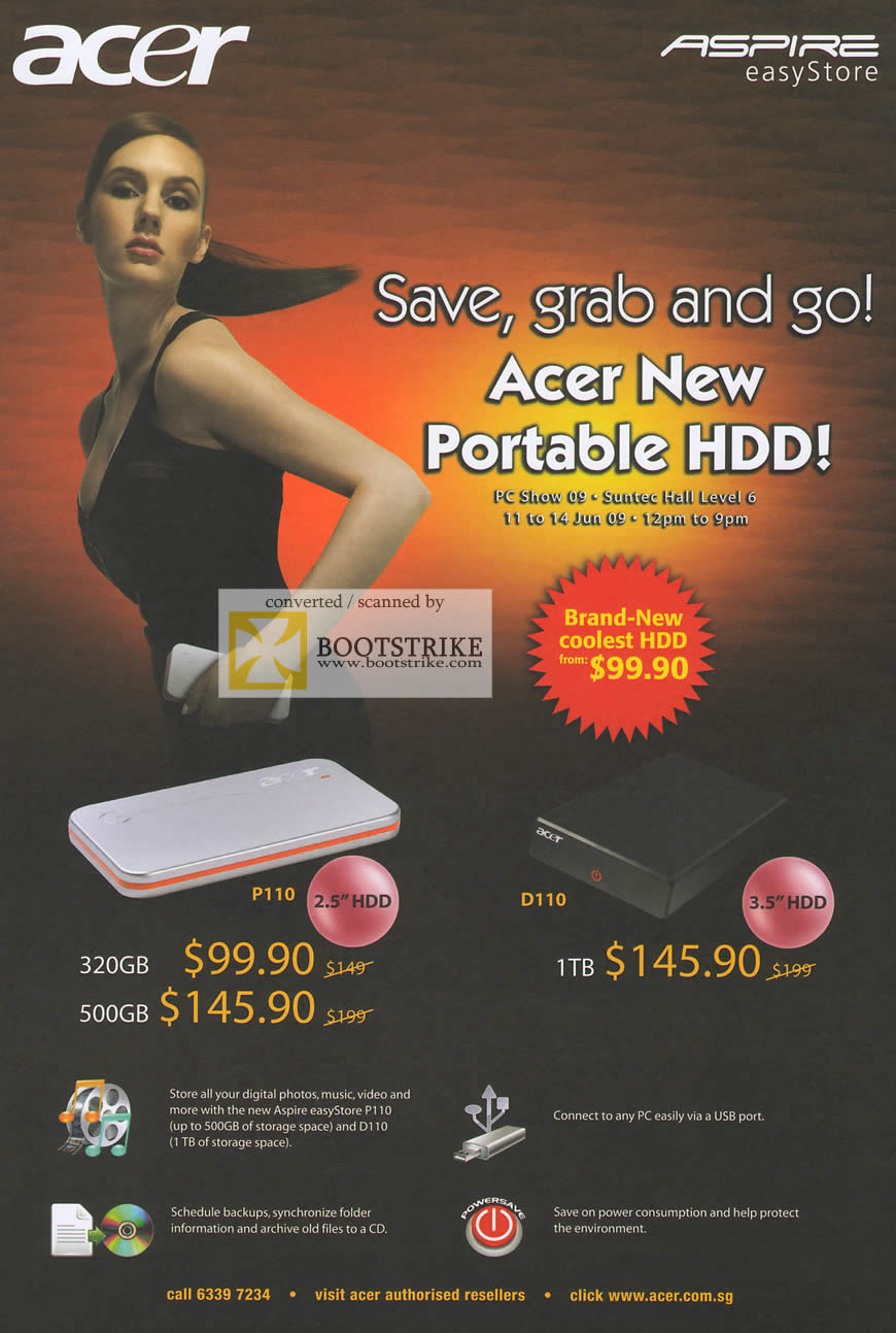 PC Show 2009 price list image brochure of Acer Aspire EasyStore Portable External HDD P110 D110