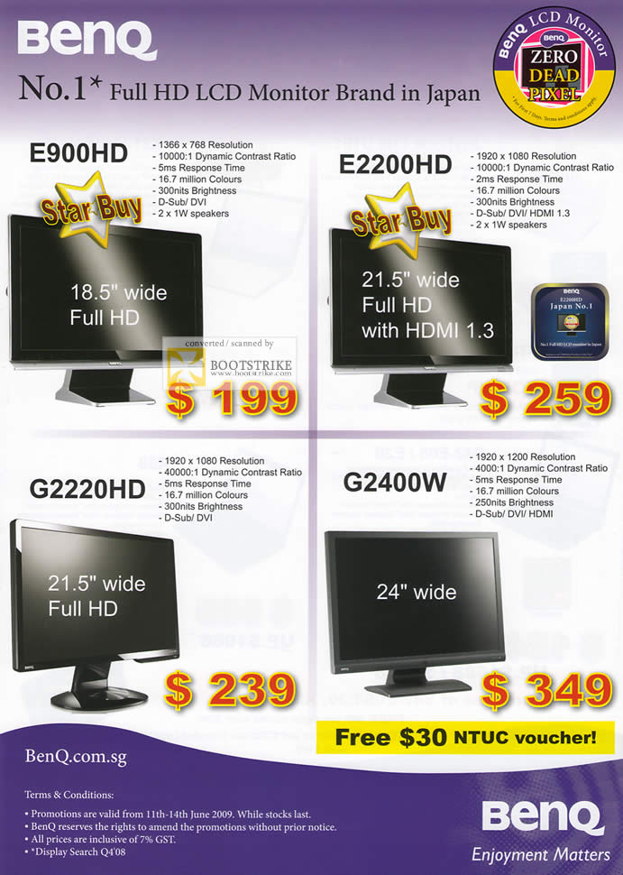 PC Show 2009 price list image brochure of Benq LCD Monitors E900HD E2200HD G2220HD G2400W