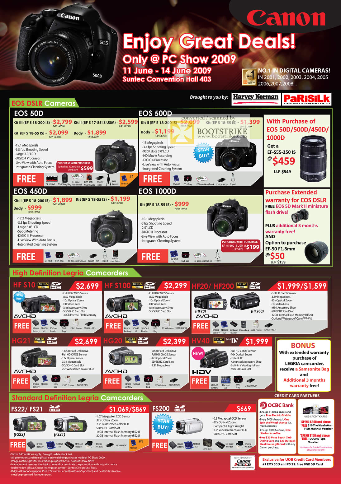 PC Show 2009 price list image brochure of Canon EOS DSLR Cameras High Standard Definition Legria Camcorders