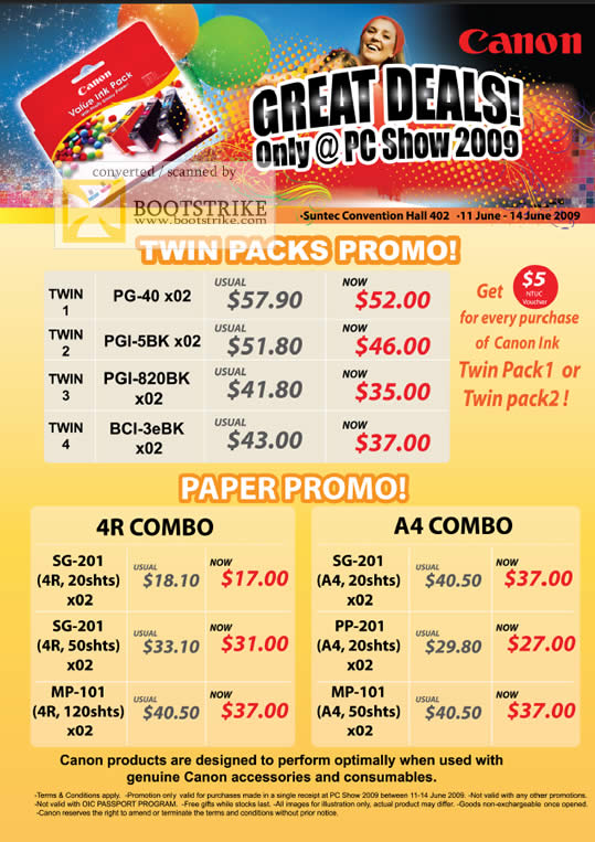 PC Show 2009 price list image brochure of Canon Ink Paper PG PGI BCI SG MP PP MP