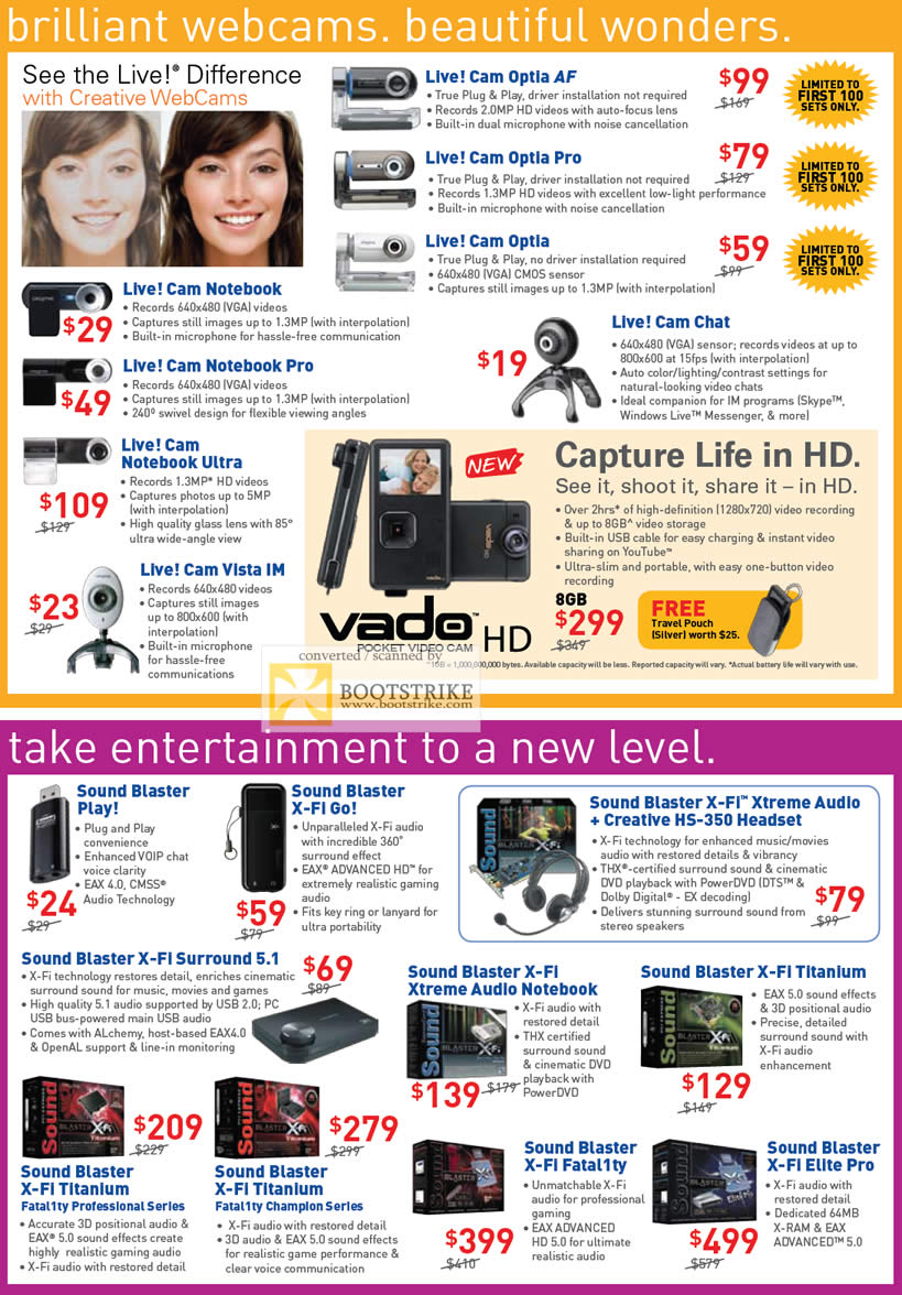 PC Show 2009 price list image brochure of Creative Live Cam Notebook Vista Optia Vado Sound Blaster