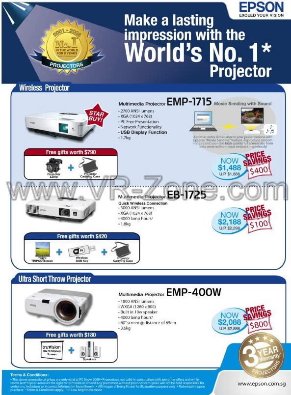 PC Show 2009 price list image brochure of Epson Wireless Projector EMP-1715 EB-1725 EMP-400W