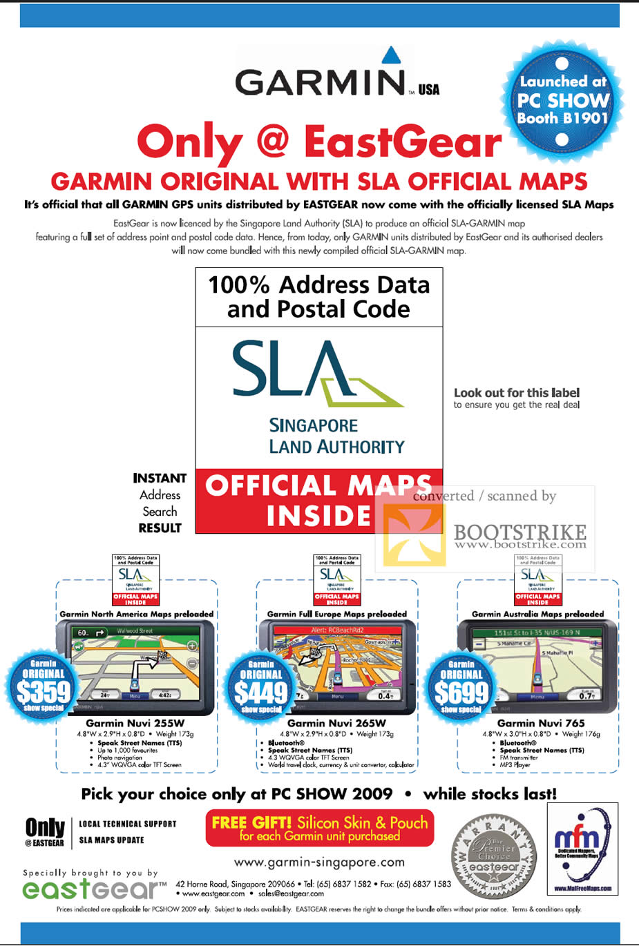 PC Show 2009 price list image brochure of Garmin Eastgear 255W 265W 765 GPS