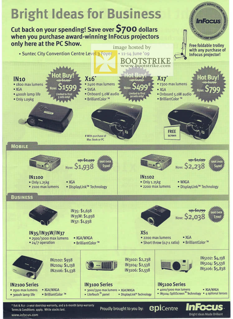 PC Show 2009 price list image brochure of Infocus Projectors IN10 X16 X17 Mobile Business DisplayLink BrilliantColor